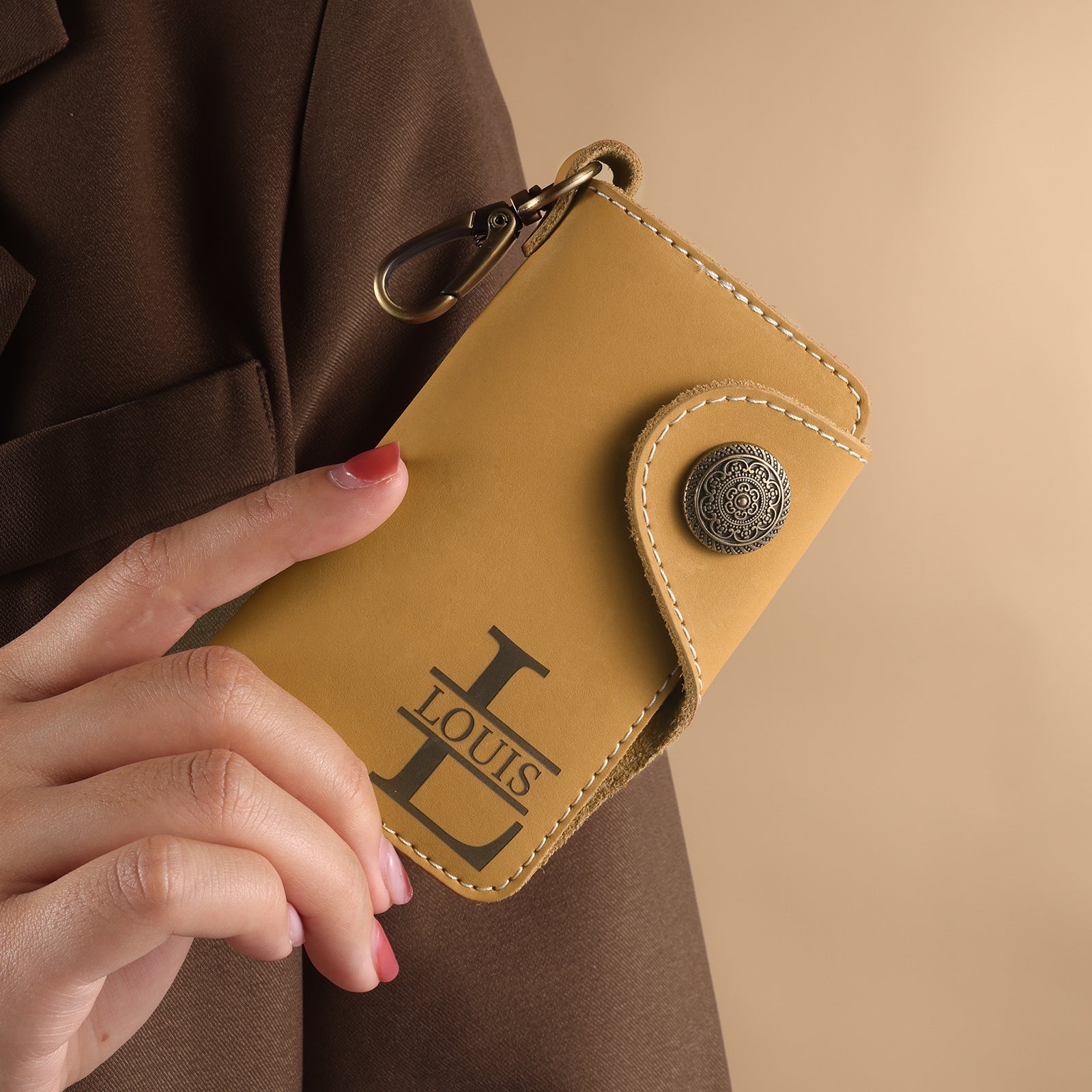 Custom Photo Key Wallet in blue and yellow, made from first layer cowhide, featuring a personalized photo option.