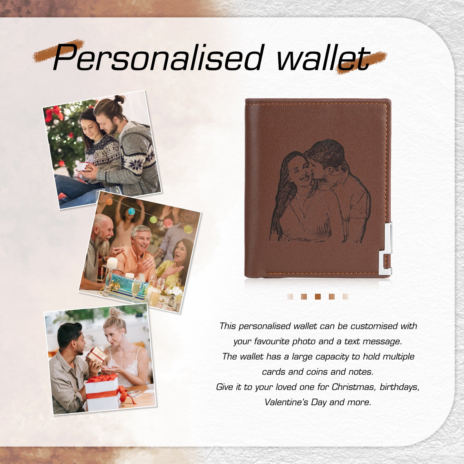 Custom Photo Leather Wallet in brown PU leather, featuring a personalized photo option, compact size, and stylish design.