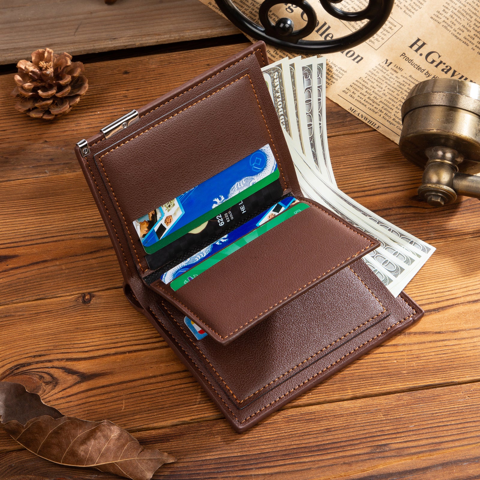 Custom Photo Leather Wallet in brown PU leather, featuring a personalized photo option, compact size, and stylish design.