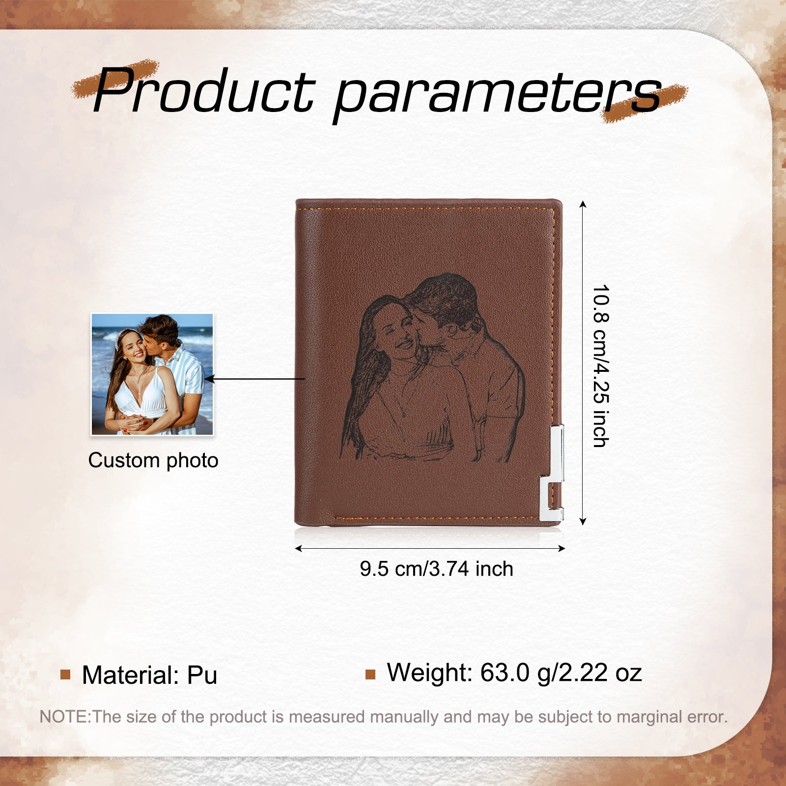 Custom Photo Leather Wallet in brown PU leather, featuring a personalized photo option, compact size, and stylish design.