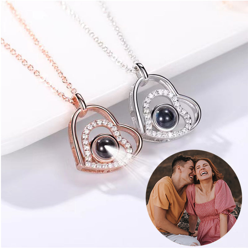 Custom Photo Project Necklace in white and rose gold plating, showcasing a personalized photo design.