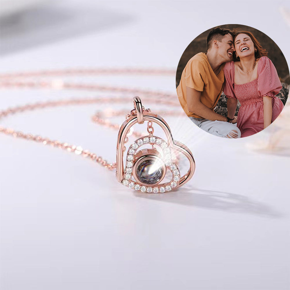 Custom Photo Project Necklace in white and rose gold plating, showcasing a personalized photo design.