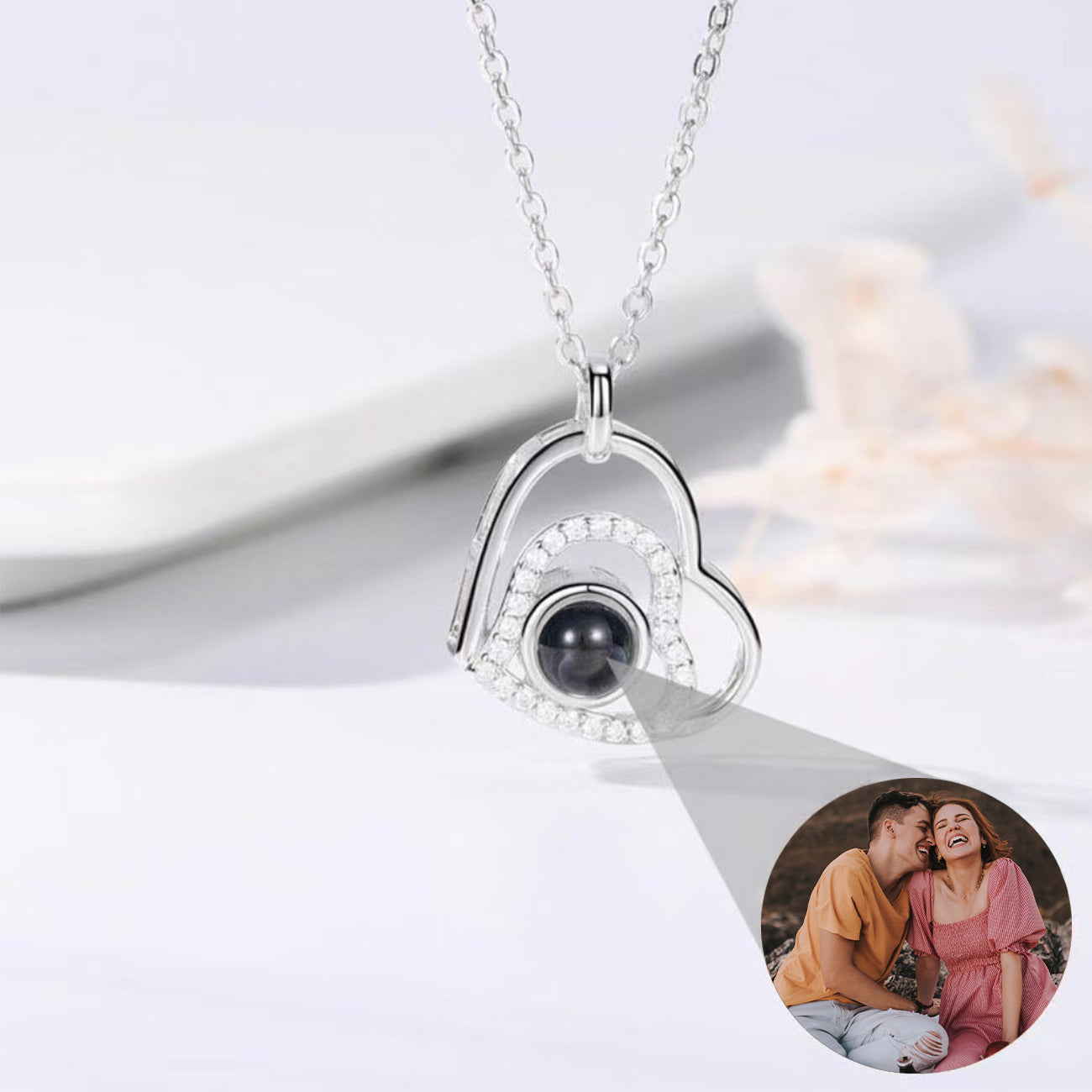 Custom Photo Project Necklace in white and rose gold plating, showcasing a personalized photo design.