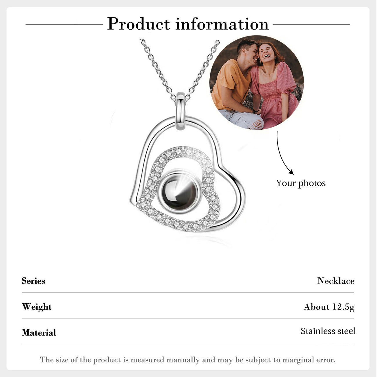 Custom Photo Project Necklace in white and rose gold plating, showcasing a personalized photo design.