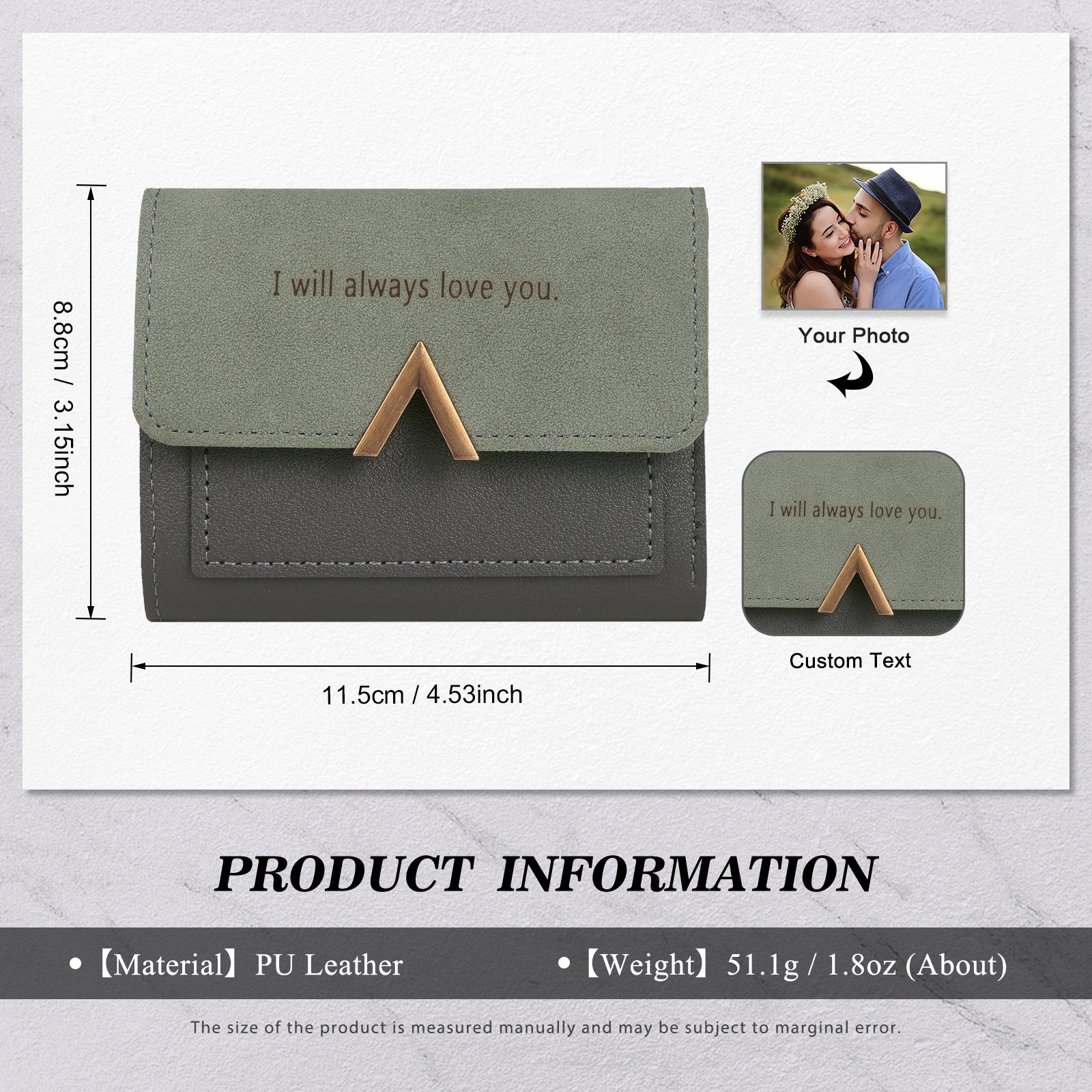 Custom Photo Wallet in Rose Red, Blue, Pink, and Grey, made of PU leather, showcasing personalized photo options.