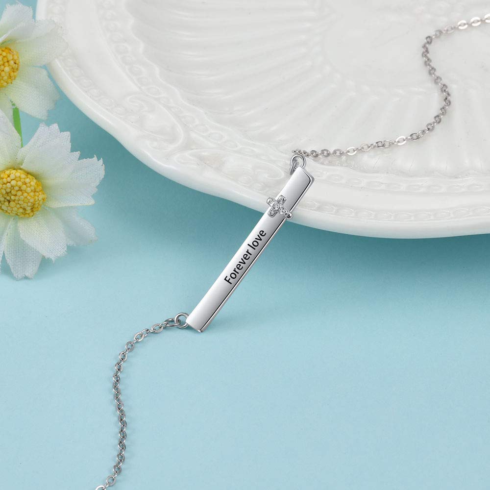 Custom Rhodium Plated Nameplate Bar Necklace with personalized engraving, showcasing a sleek design and adjustable chain.