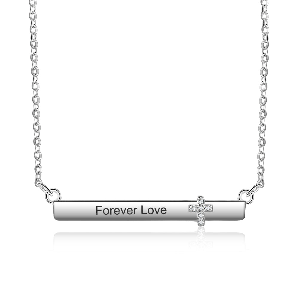 Custom Rhodium Plated Nameplate Bar Necklace with personalized engraving, showcasing a sleek design and adjustable chain.