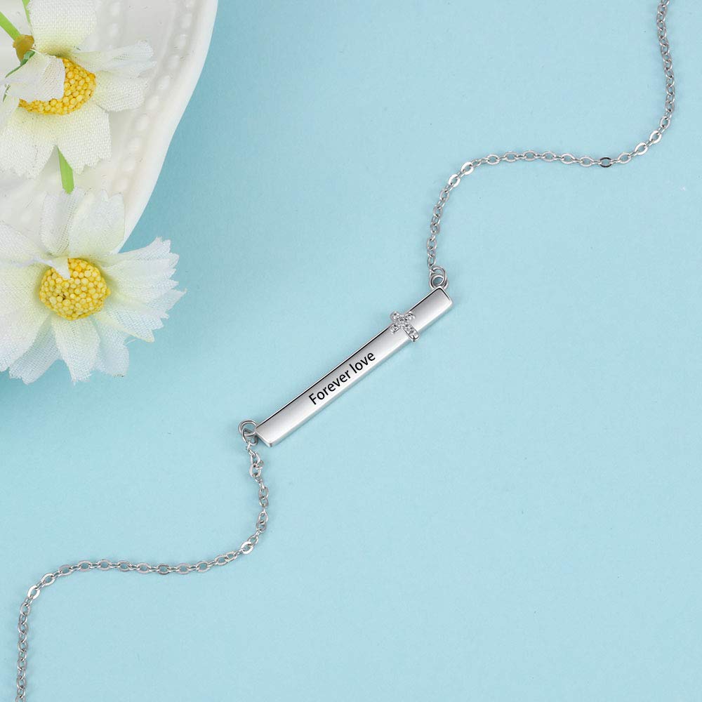 Custom Rhodium Plated Nameplate Bar Necklace with personalized engraving, showcasing a sleek design and adjustable chain.