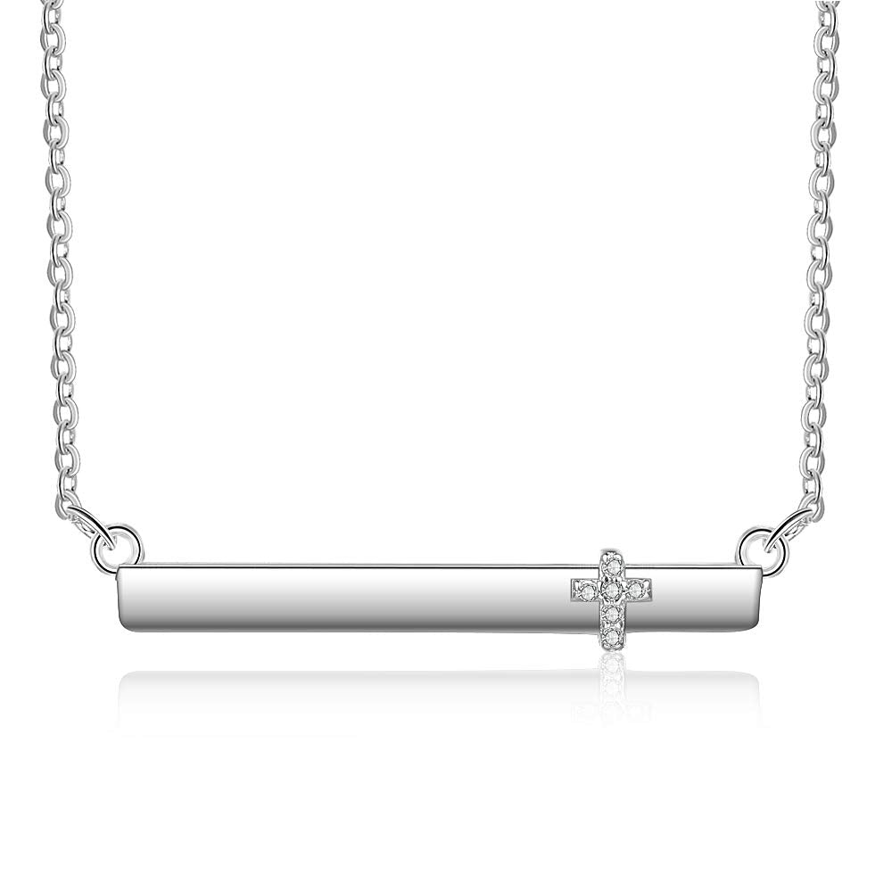 Custom Rhodium Plated Nameplate Bar Necklace with personalized engraving, showcasing a sleek design and adjustable chain.