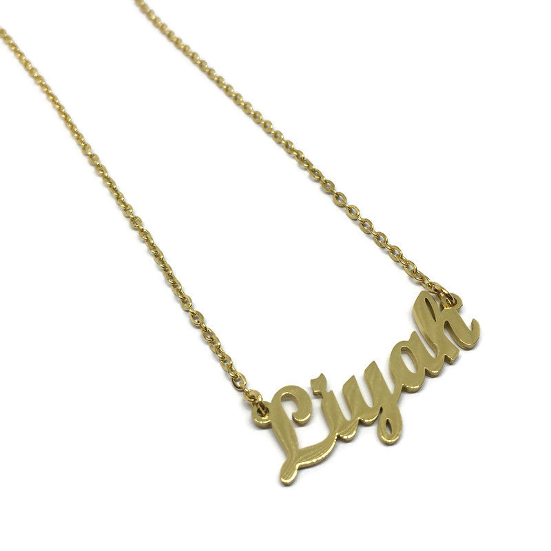 Custom Signature Name Necklace made of stainless steel, featuring a personalized name pendant and a 50cm chain, available in various colors.