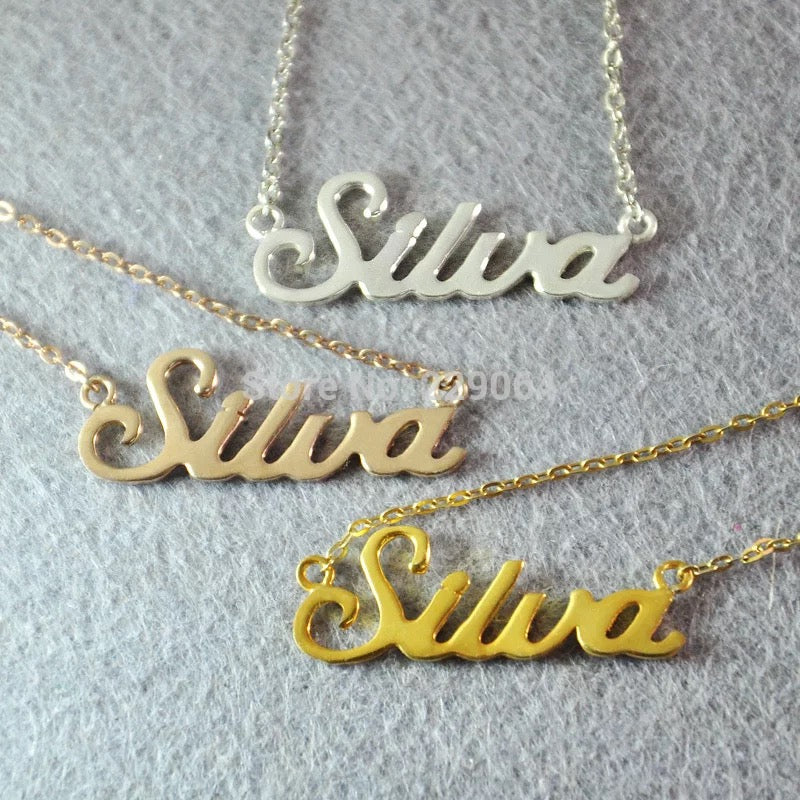 Custom Signature Name Necklace made of stainless steel, featuring a personalized name pendant and a 50cm chain, available in various colors.