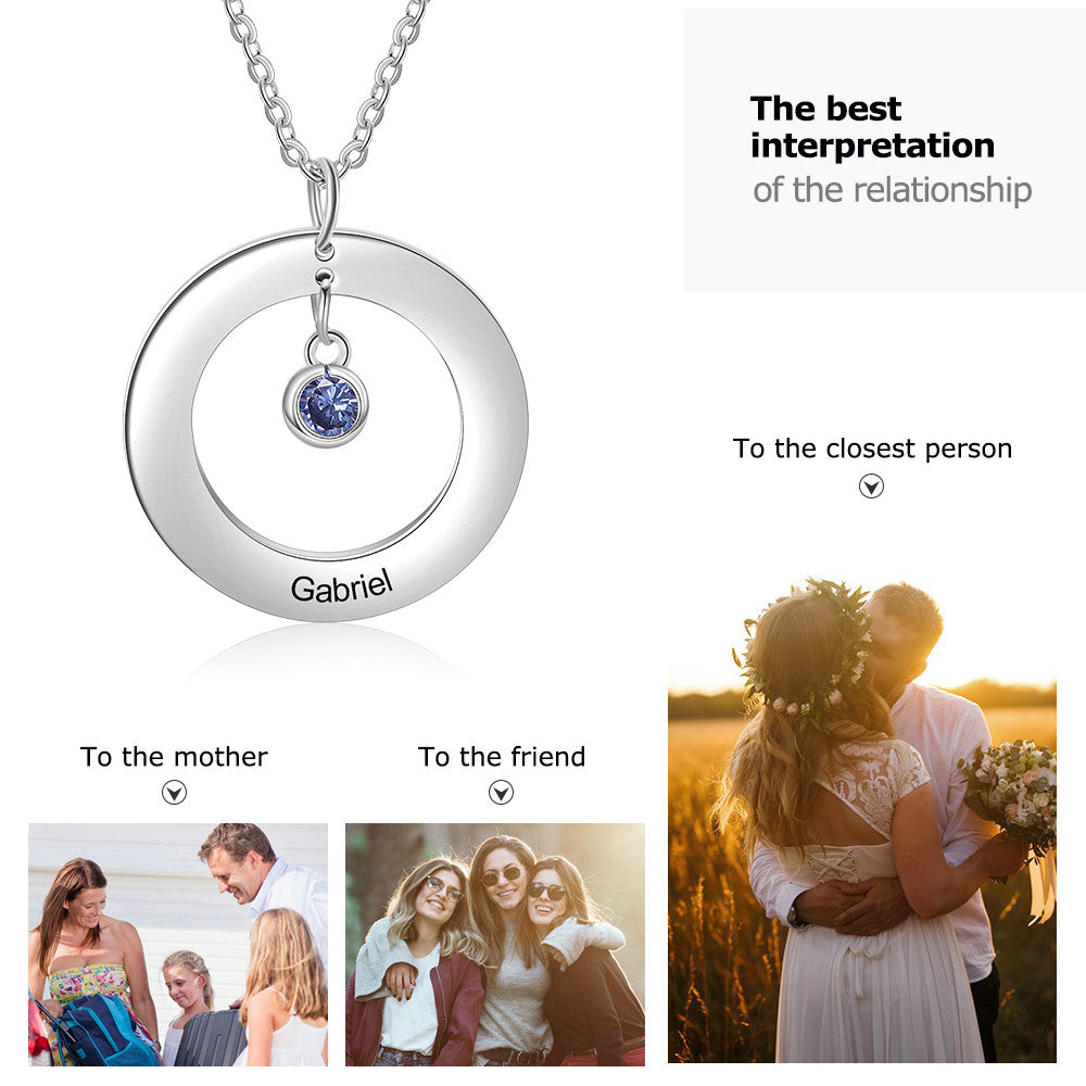 Custom Stainless Steel Birthstone Circle Necklace featuring a personalized design with a circular pendant and birthstones.