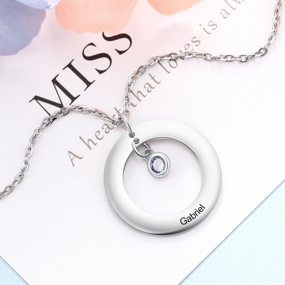 Custom Stainless Steel Birthstone Circle Necklace featuring a personalized design with a circular pendant and birthstones.