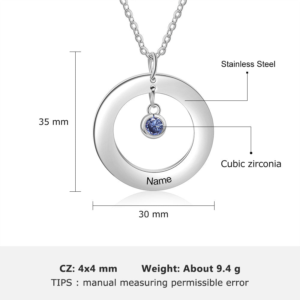 Custom Stainless Steel Birthstone Circle Necklace featuring a personalized design with a circular pendant and birthstones.