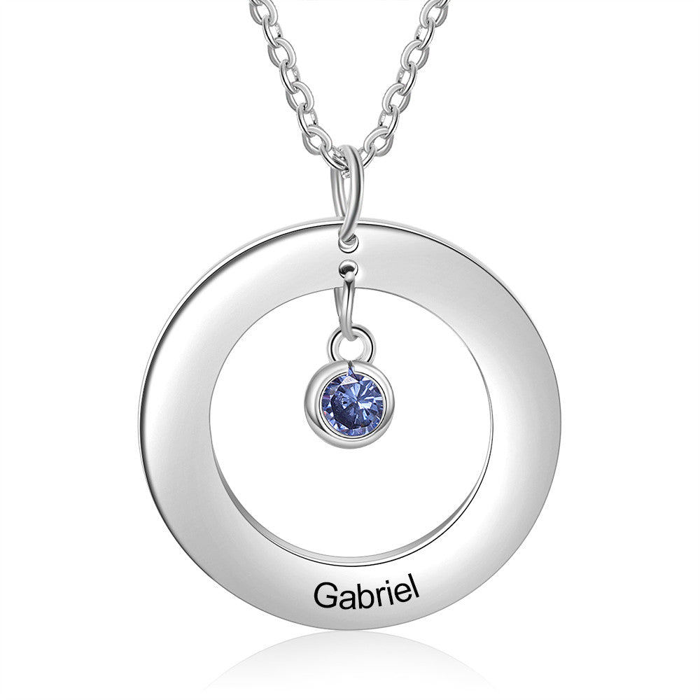 Custom Stainless Steel Birthstone Circle Necklace featuring a personalized design with a circular pendant and birthstones.