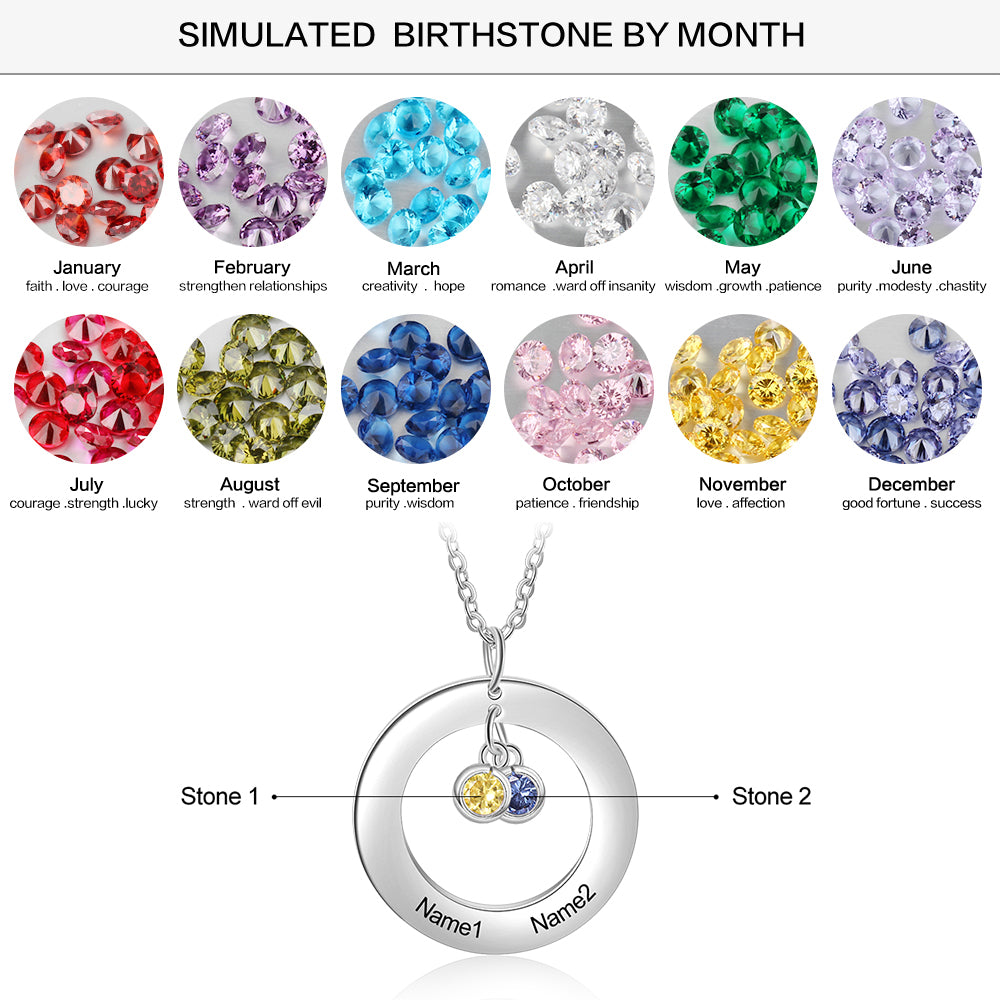 Custom Stainless Steel Birthstone Circle Necklace featuring a personalized design with a circular pendant and birthstones.