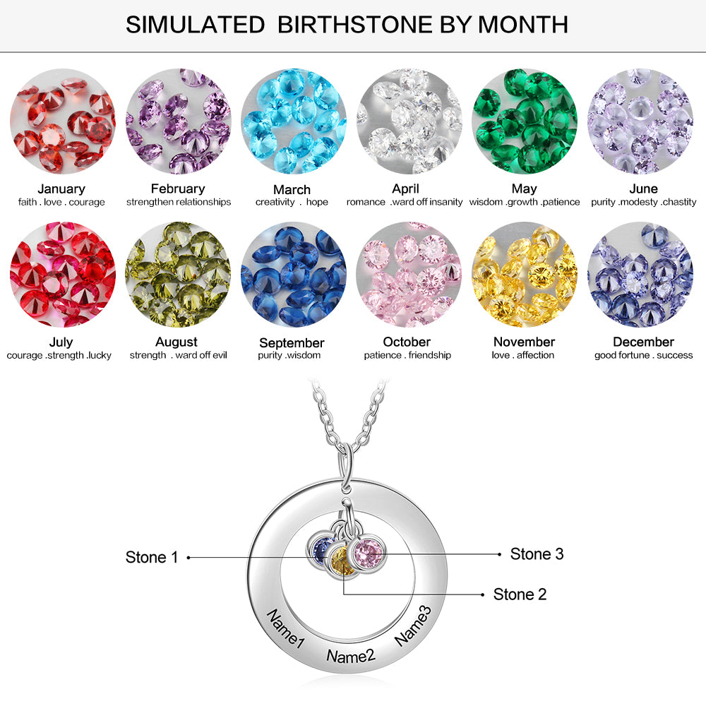 Custom Stainless Steel Birthstone Circle Necklace featuring a personalized design with a circular pendant and birthstones.