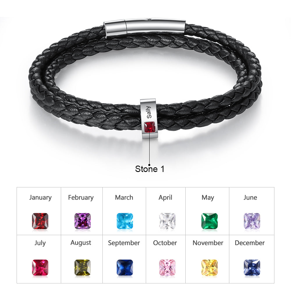 Custom Stainless Steel Black Leather Bracelet featuring a sleek black leather band and polished stainless steel accents, perfect for personalized styling.