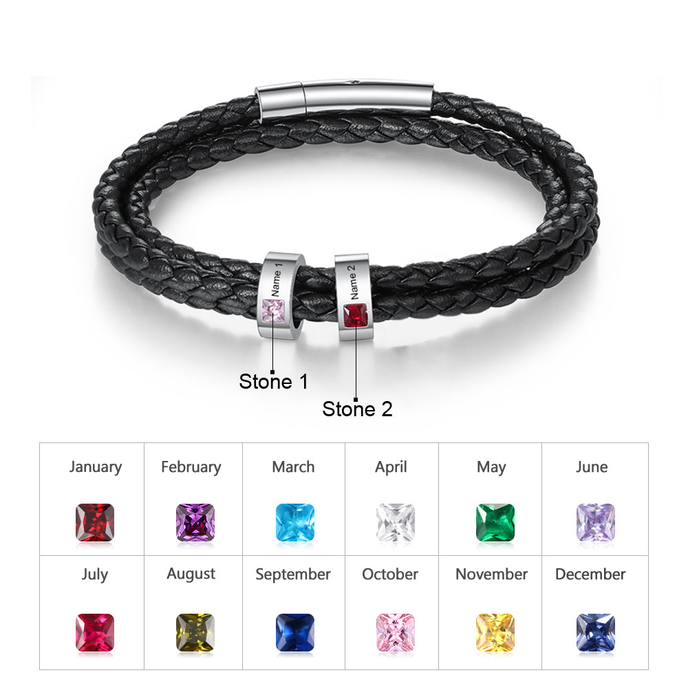 Custom Stainless Steel Black Leather Bracelet featuring a sleek black leather band and polished stainless steel accents, perfect for personalized styling.