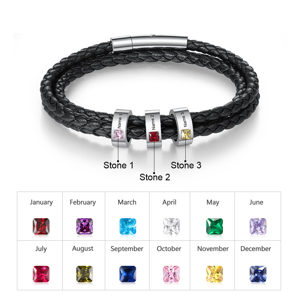 Custom Stainless Steel Black Leather Bracelet featuring a sleek black leather band and polished stainless steel accents, perfect for personalized styling.