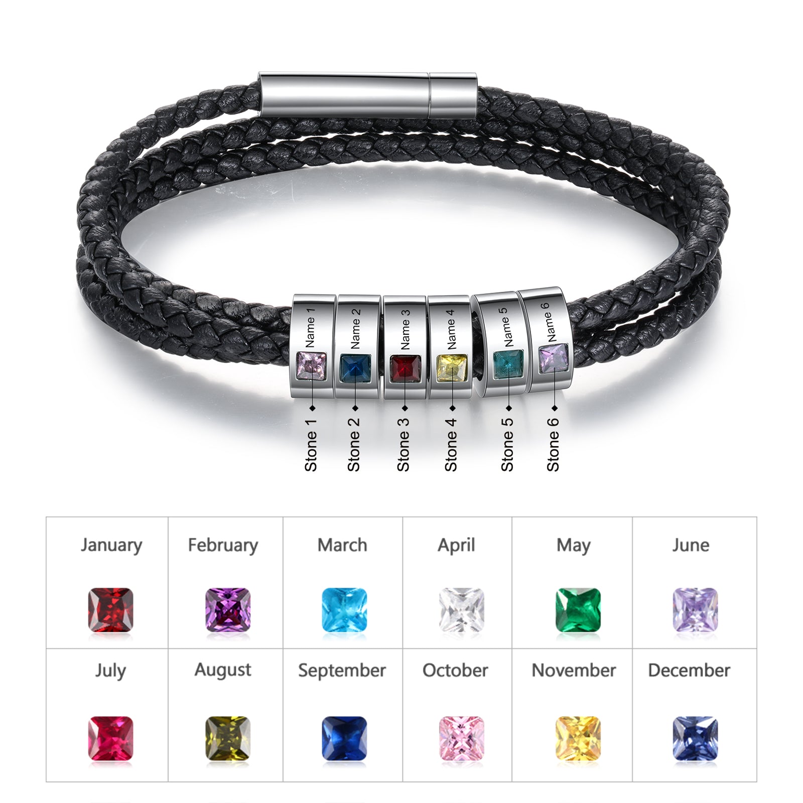 Custom Stainless Steel Black Leather Bracelet featuring a sleek black leather band and polished stainless steel accents, perfect for personalized styling.