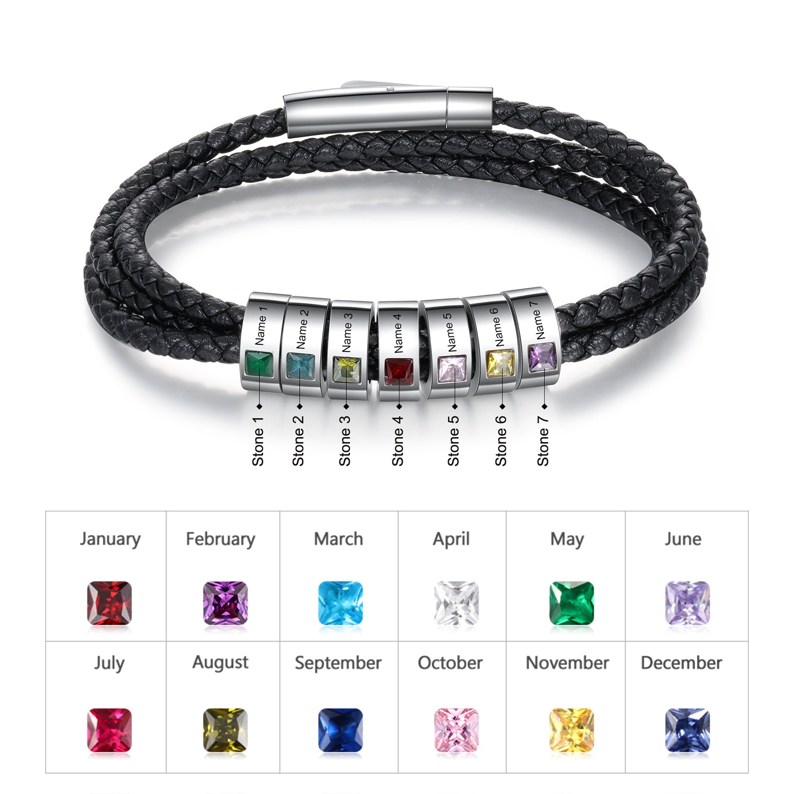 Custom Stainless Steel Black Leather Bracelet featuring a sleek black leather band and polished stainless steel accents, perfect for personalized styling.