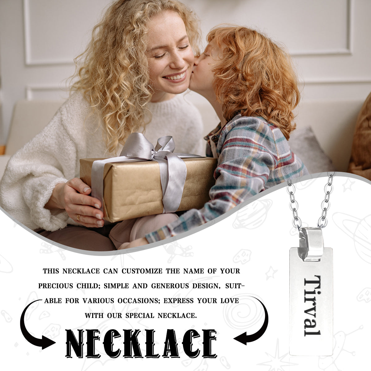 A beautiful custom stainless steel child necklace featuring a personalized pendant and adjustable chain, perfect for kids.