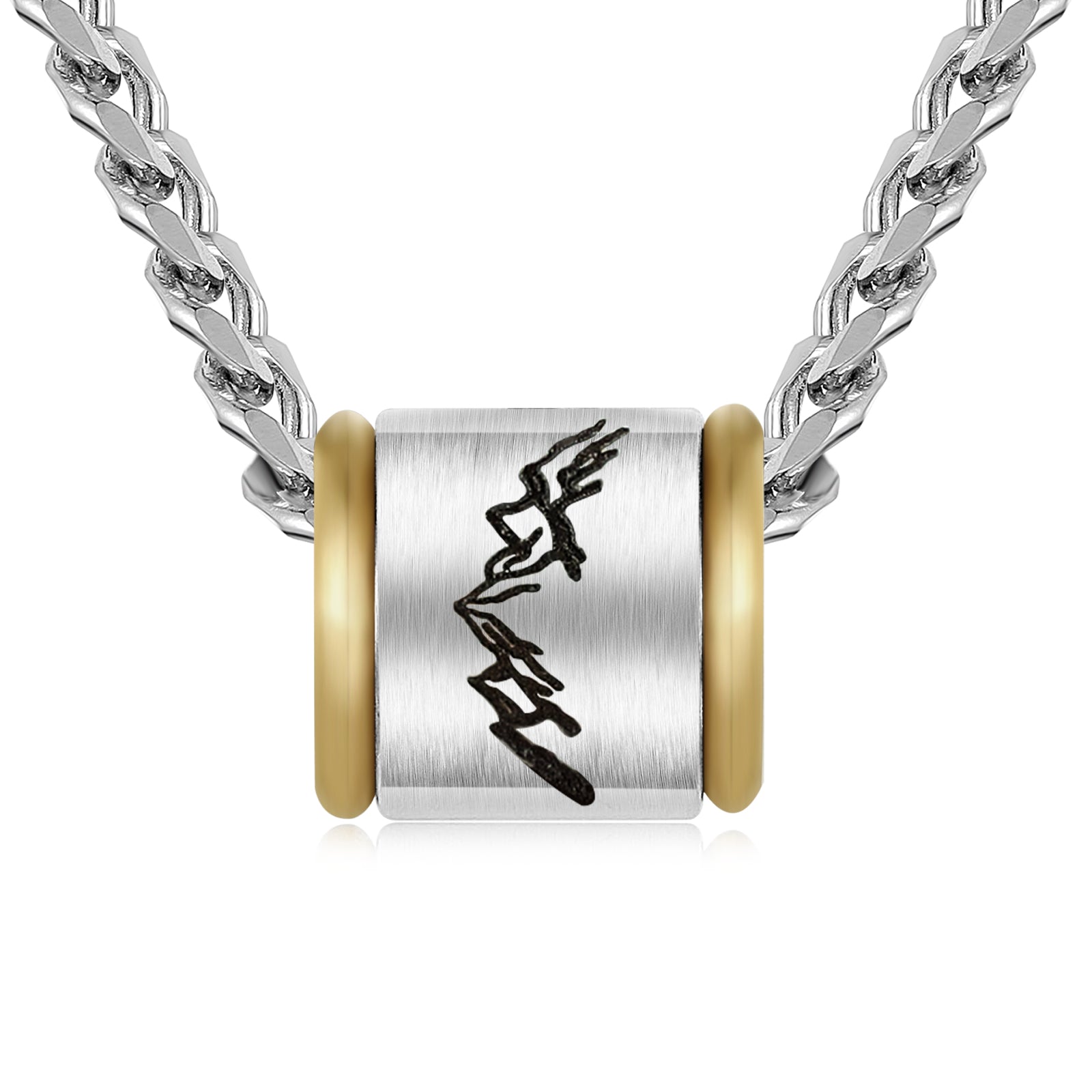 A stylish custom stainless steel necklace with a personalized pendant, showcasing its sleek design and 60cm chain length.