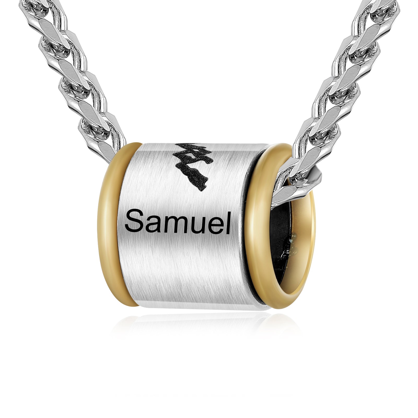 A stylish custom stainless steel necklace with a personalized pendant, showcasing its sleek design and 60cm chain length.