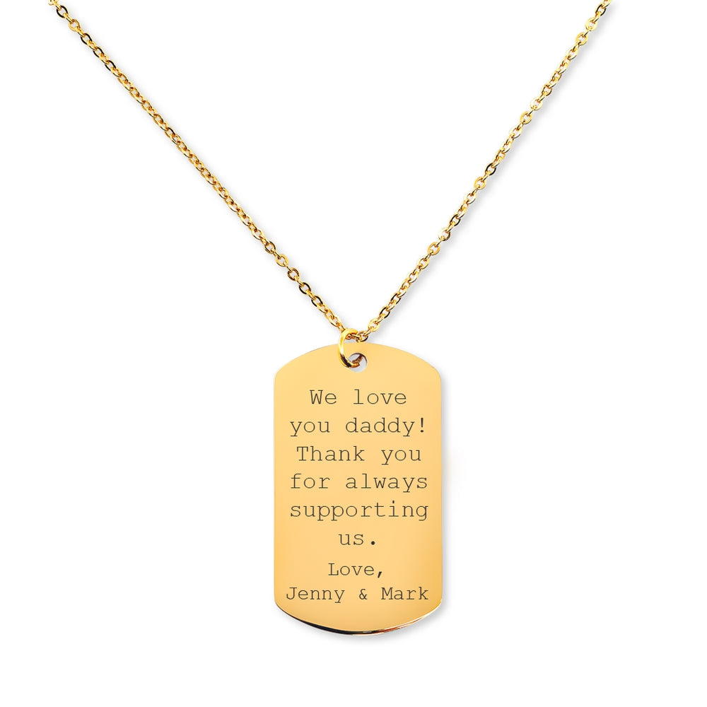 Custom Tag Necklace in Silver, Gold, and Rose Gold options, featuring a personalized pendant with engraved text.