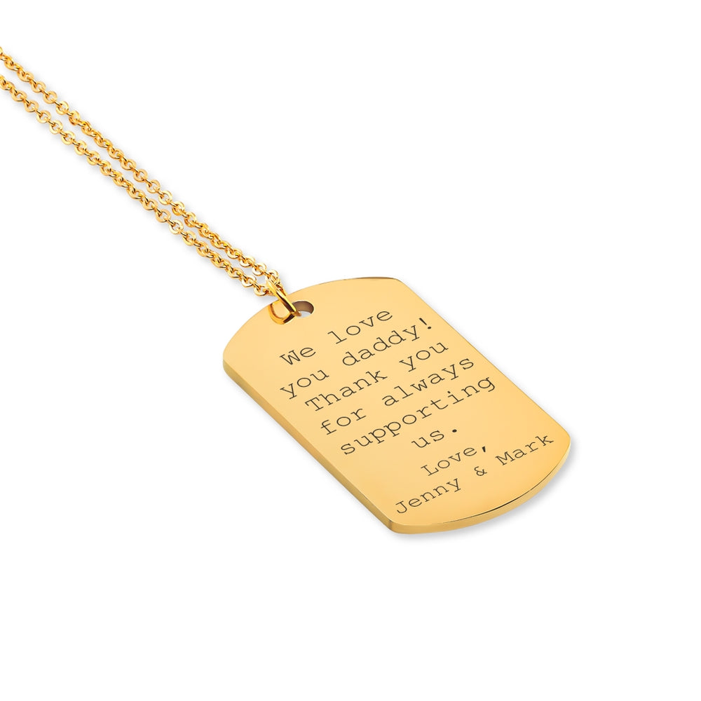 Custom Tag Necklace in Silver, Gold, and Rose Gold options, featuring a personalized pendant with engraved text.