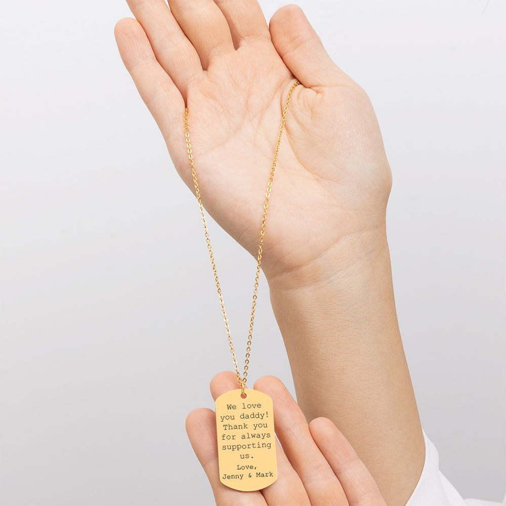 Custom Tag Necklace in Silver, Gold, and Rose Gold options, featuring a personalized pendant with engraved text.