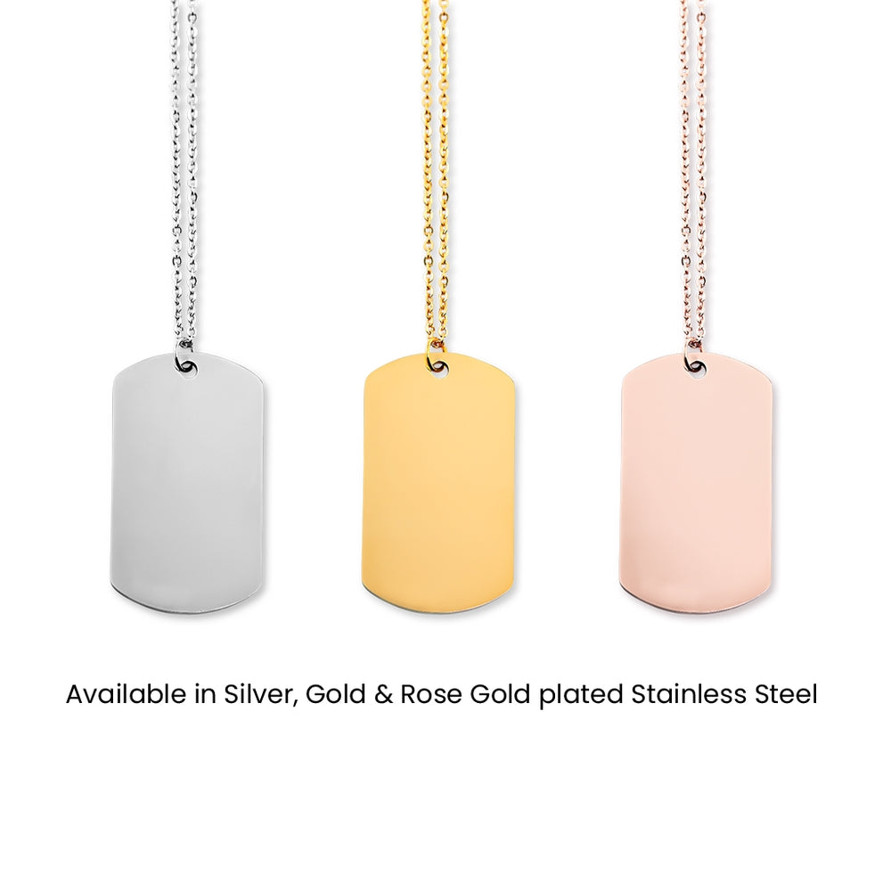 Custom Tag Necklace in Silver, Gold, and Rose Gold options, featuring a personalized pendant with engraved text.