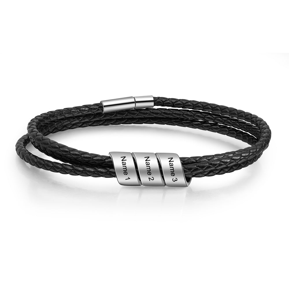 Custom Three Beads Stainless Steel Leather Bracelet featuring three personalized beads, made from durable stainless steel and leather.