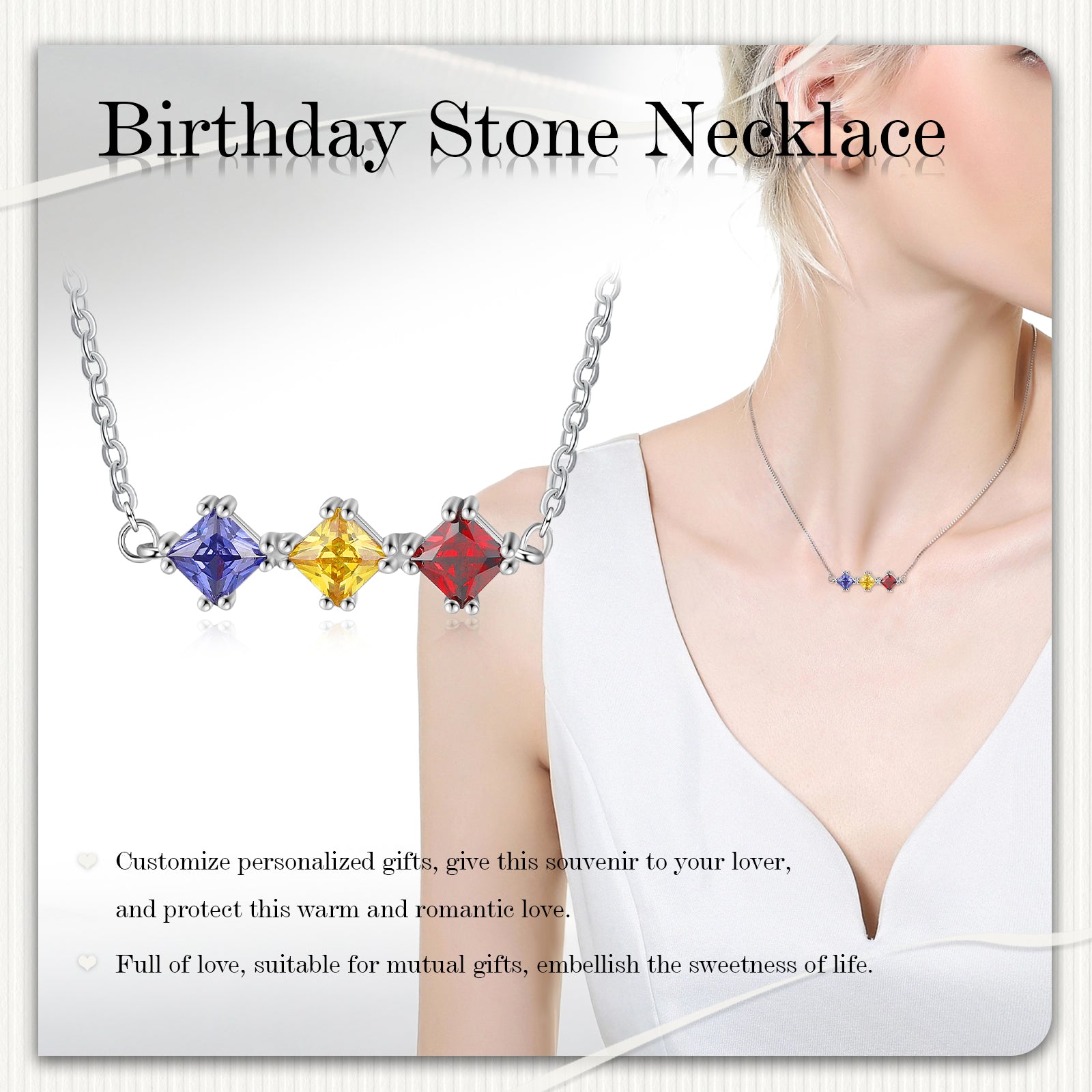 Custom Three Birthstone Necklace in white gold plating with three personalized birthstones.