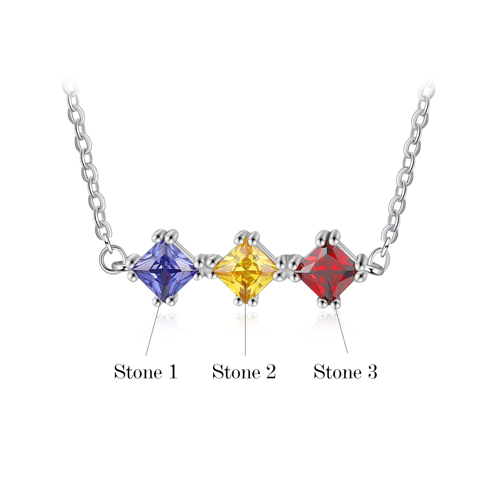 Custom Three Birthstone Necklace in white gold plating with three personalized birthstones.