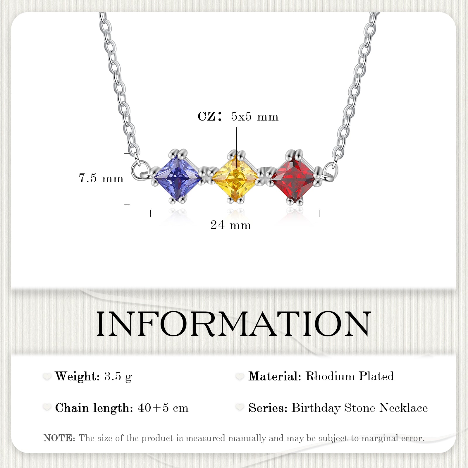 Custom Three Birthstone Necklace in white gold plating with three personalized birthstones.