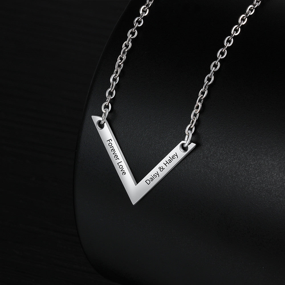 Custom V Shaped Flat Necklace made of stainless steel, featuring a sleek and modern design, perfect for personalized gifts.