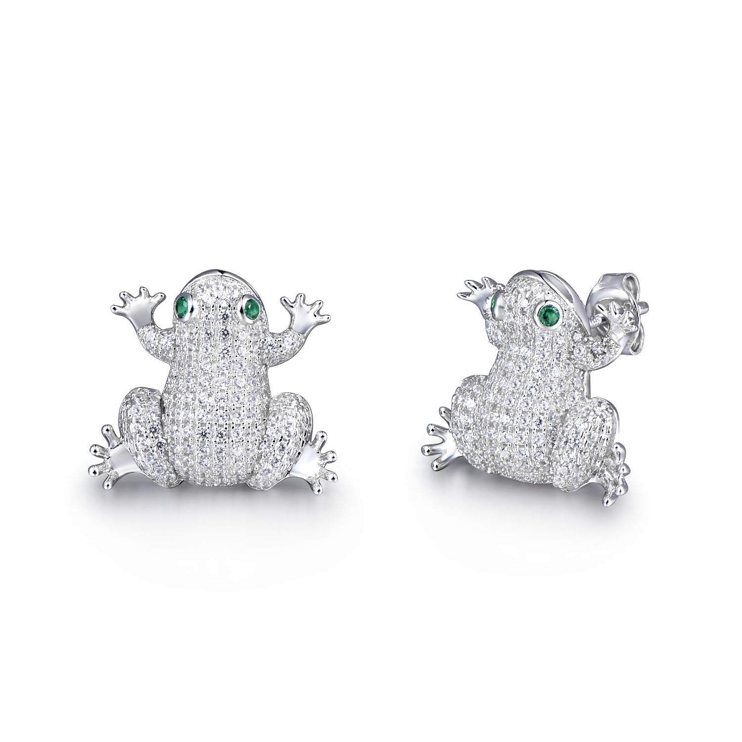 Cute frog stud earrings made of 925 sterling silver with white sapphire, showcasing a playful design.