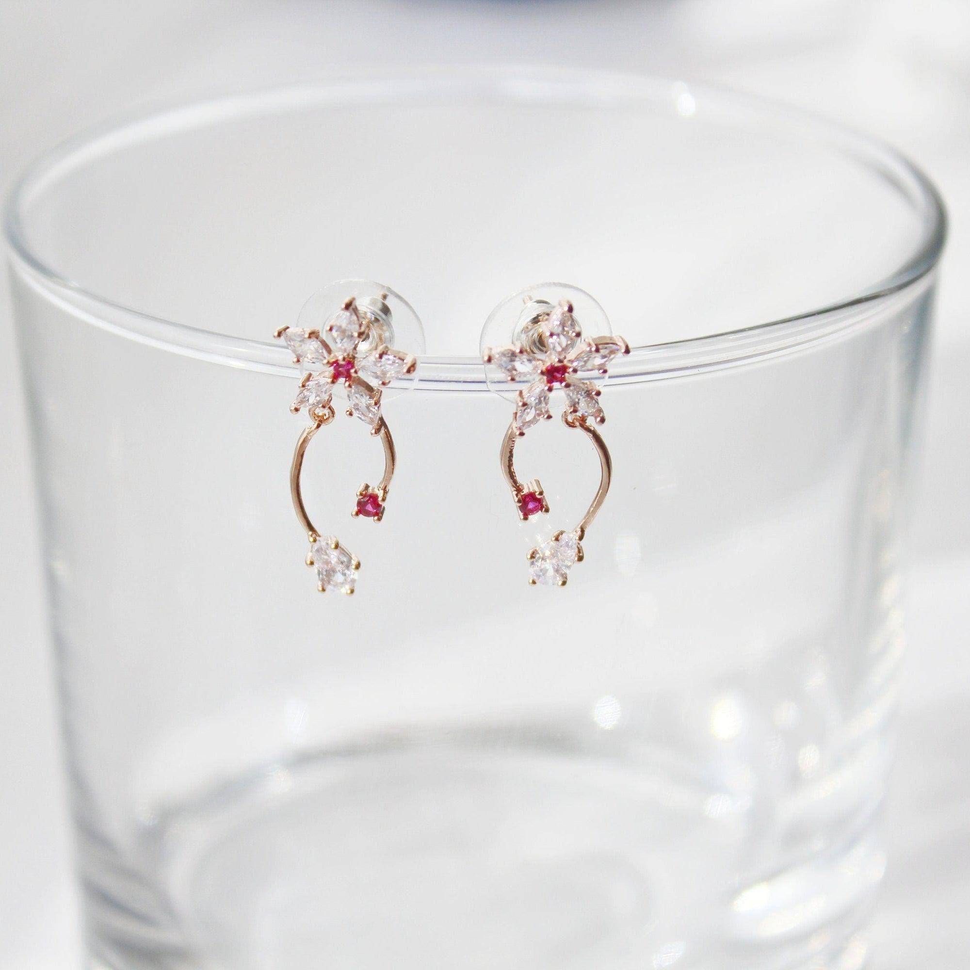 Cypress Vine Flower Earrings featuring a star shape design with red crystal accents, crafted from sterling silver and gold plated bronze.