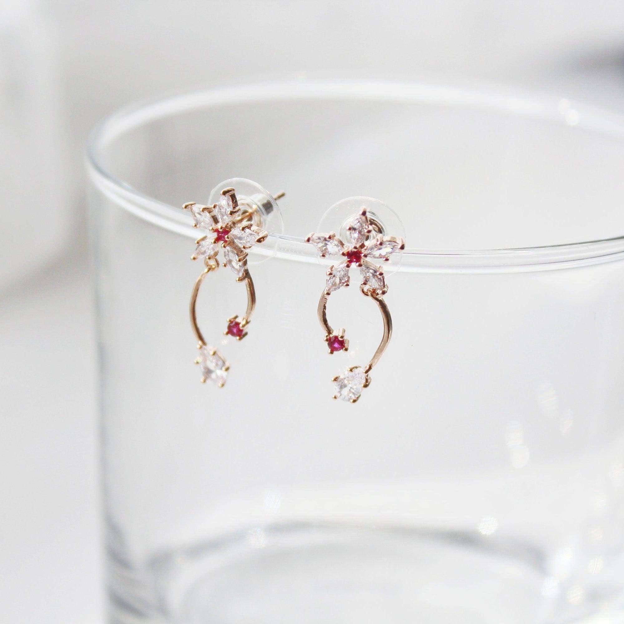 Cypress Vine Flower Earrings featuring a star shape design with red crystal accents, crafted from sterling silver and gold plated bronze.