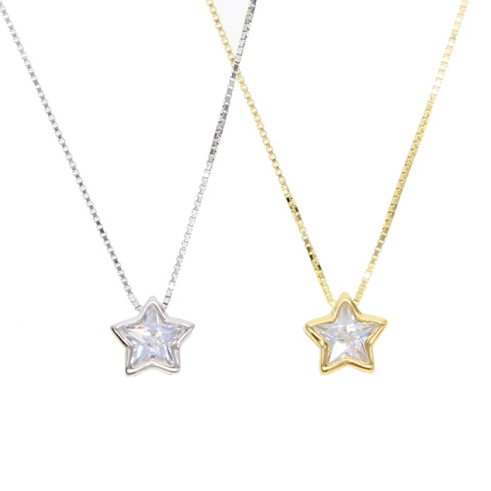 CZ Bezel Necklace featuring a star design with a 7mm sparkling cubic zirconia stone on a 16-inch box chain.