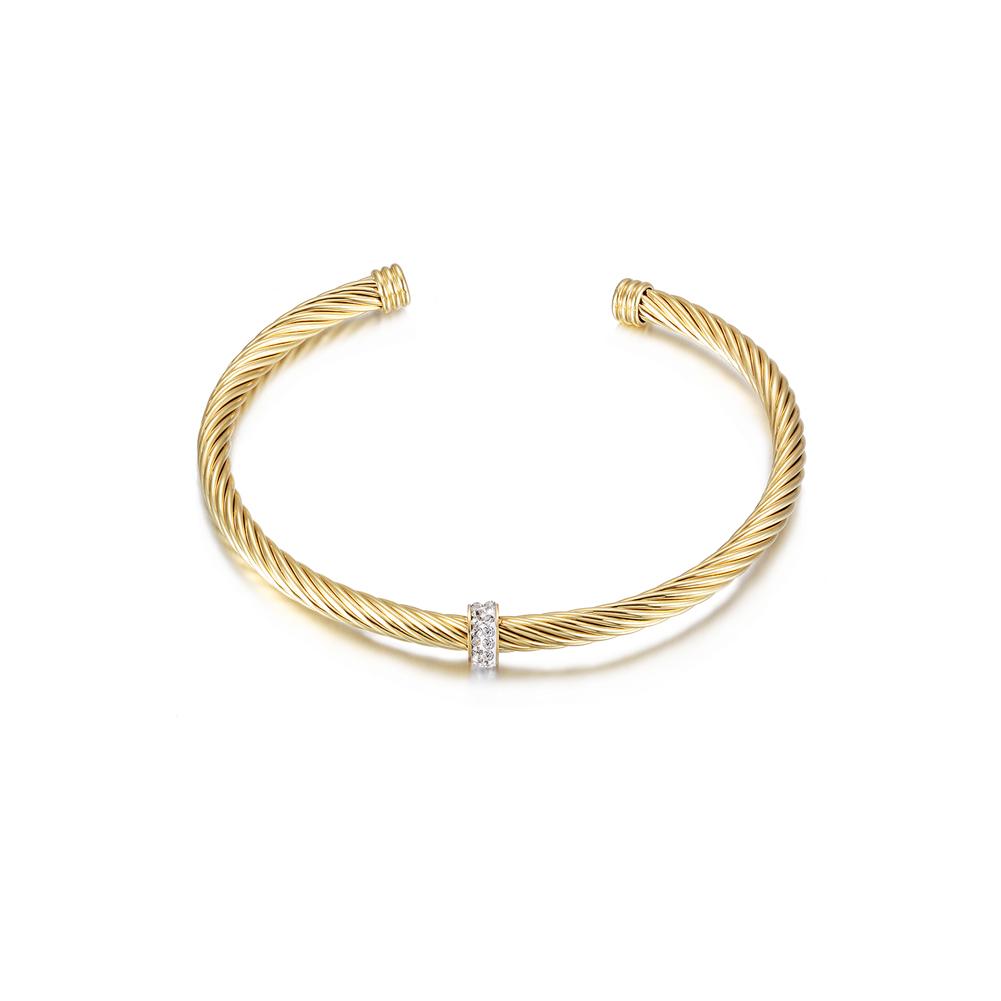 CZ Cable Cuff made of 316L surgical stainless steel with 14K gold PVD plating, showcasing its elegant design.