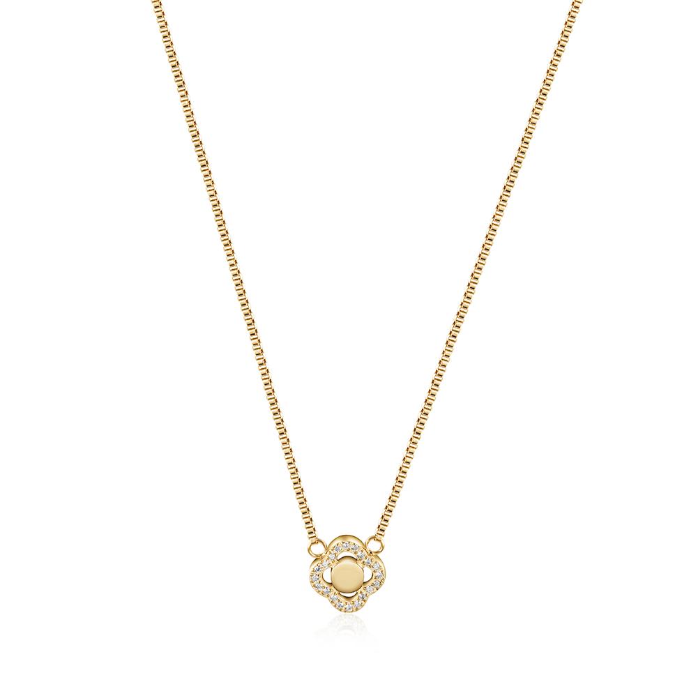 CZ Clover Necklace made of surgical stainless steel with 14K gold plating, featuring a charming clover design adorned with cubic zirconia.