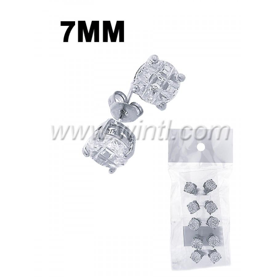 Five pairs of sterling silver CZ diamond stud earrings displayed elegantly.