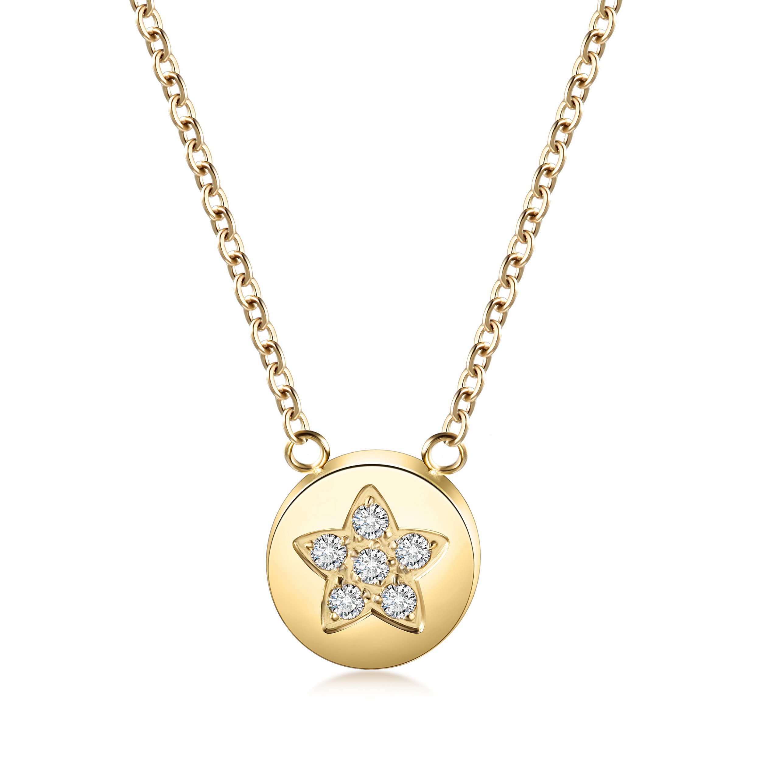 CZ Star Shaped Disc Pendant Necklace made of stainless steel with gold plating and cubic zirconia accents.