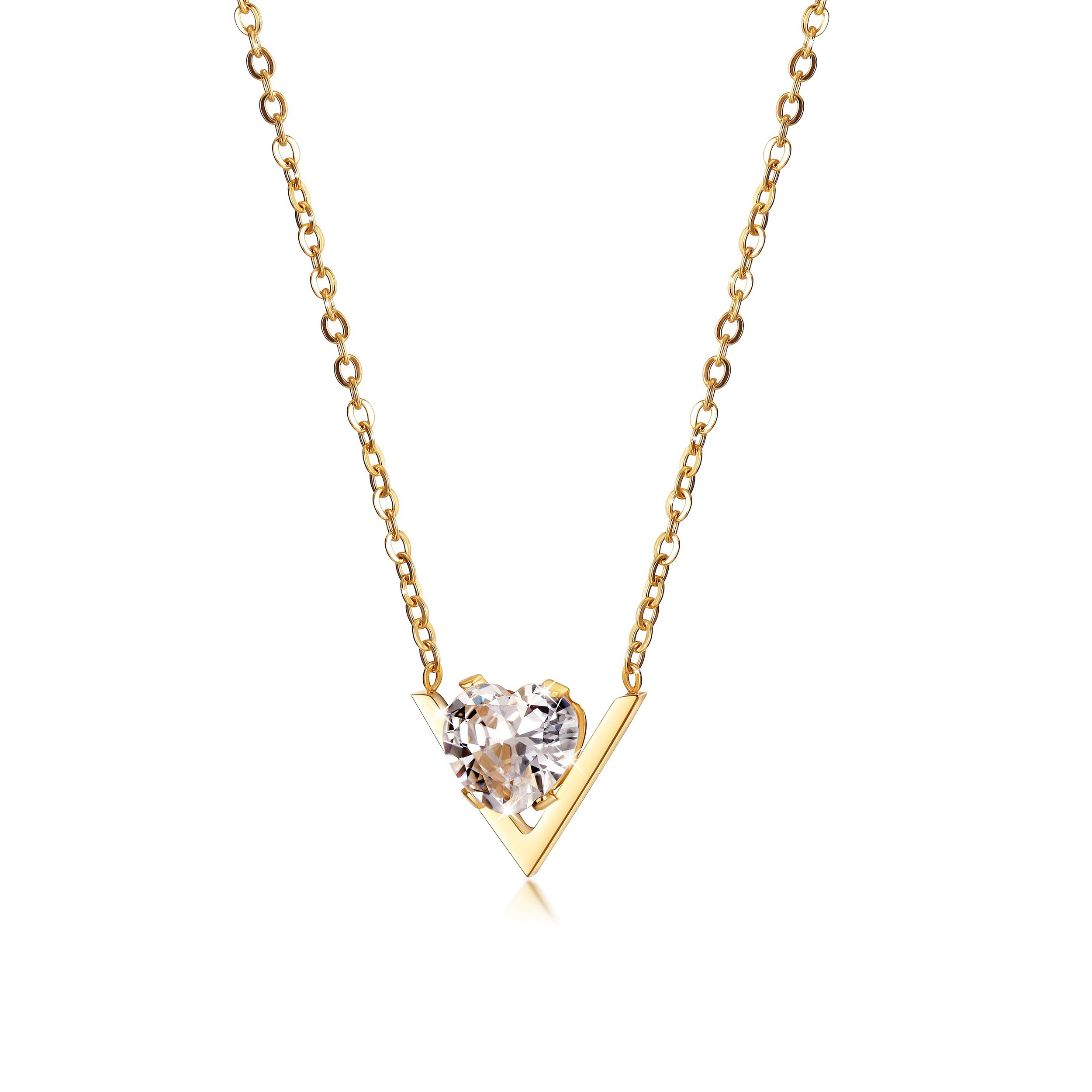 CZ V-Shaped Set Pendant Necklace made of stainless steel with gold plating and cubic zirconia accents, showcasing a modern design.