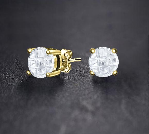 CZ Diamond Stud Earrings in Rhodium, Gold, and Black Plated finishes, showcasing their elegant design and sparkling cubic zirconia.