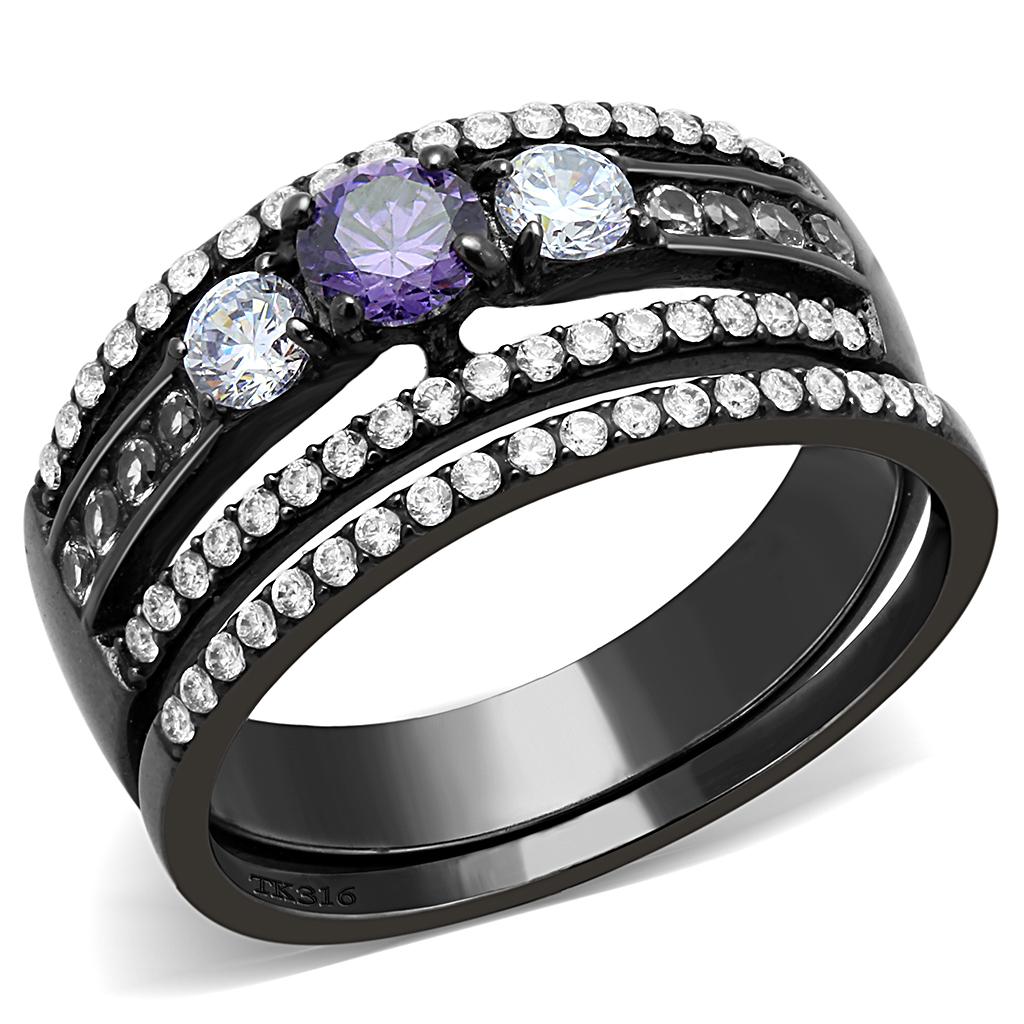 DA001 IP Black Stainless Steel Ring featuring AAA Grade CZ in amethyst color, showcasing a modern design and elegant finish.