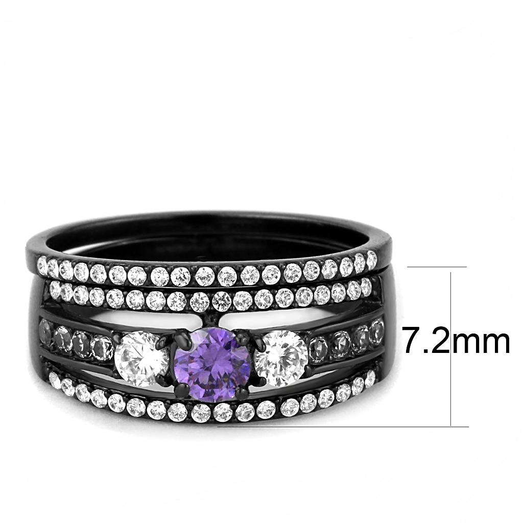 DA001 IP Black Stainless Steel Ring featuring AAA Grade CZ in amethyst color, showcasing a modern design and elegant finish.